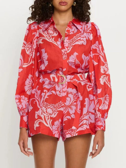 Printed Long Sleeve Belted Romper Red Trendsi