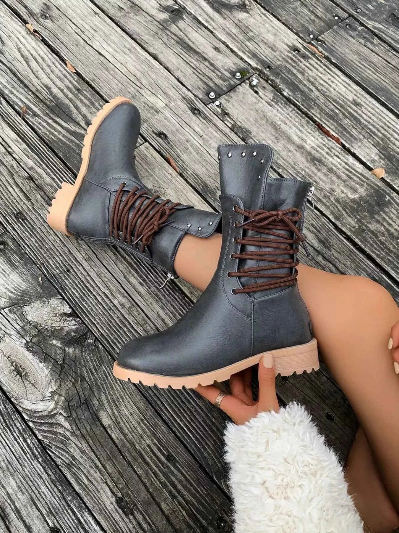 Round Toe Block Heels Boots Trendsi