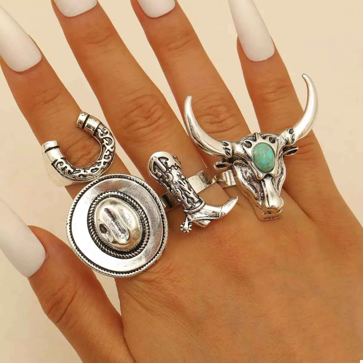 4 Piece Vintage Western Style Bull Head Rings Trendsi