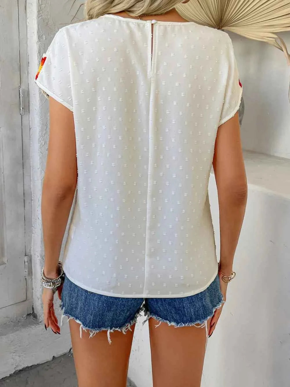 Devine Swiss Dot Round Neck Crochet Short Sleeve Top Trendsi