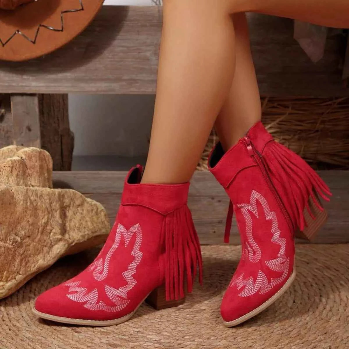 Fringe Point Toe Block Heels Boots Red Trendsi