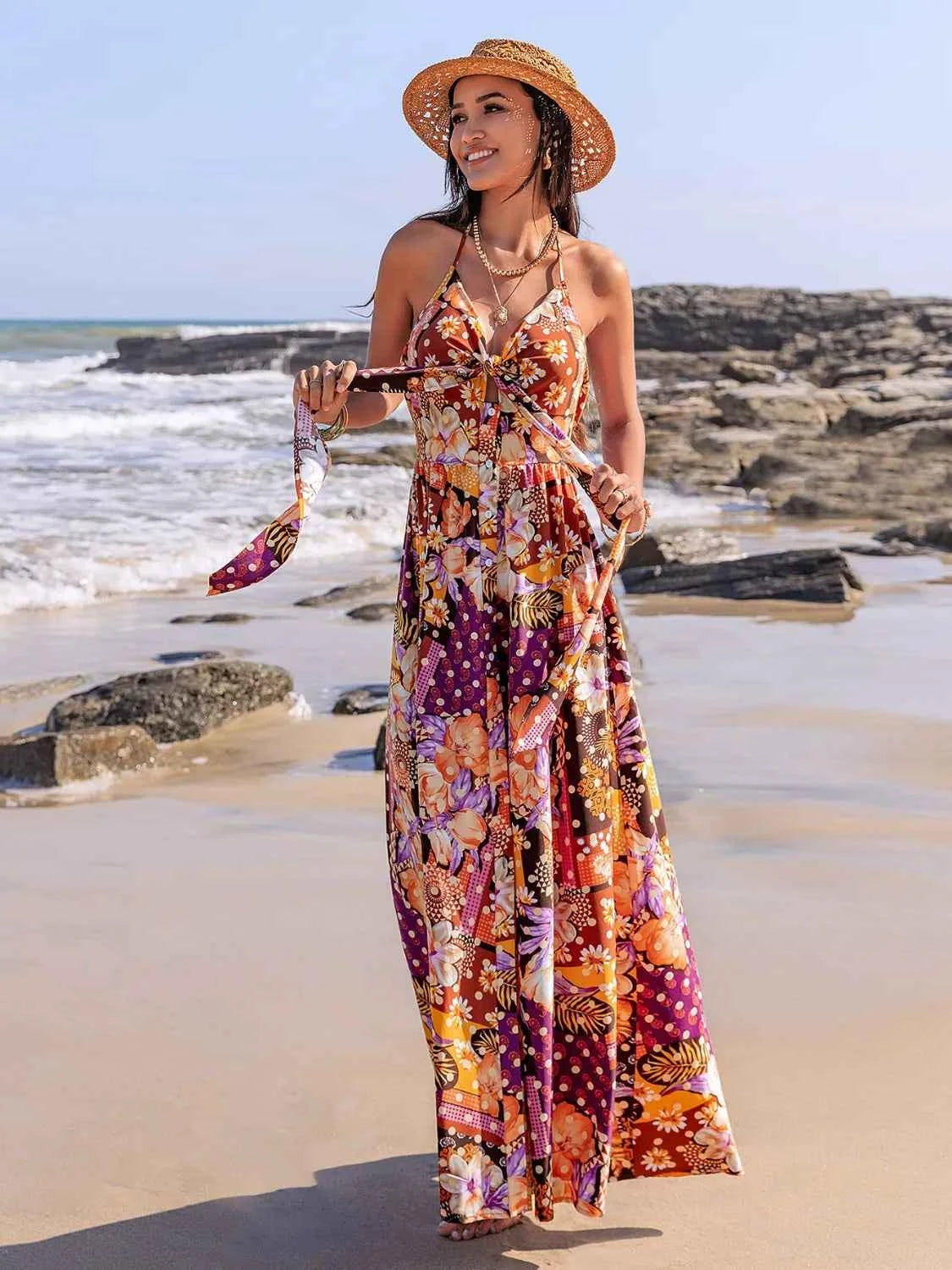 Slit Printed Halter Neck Cami Dress Trendsi