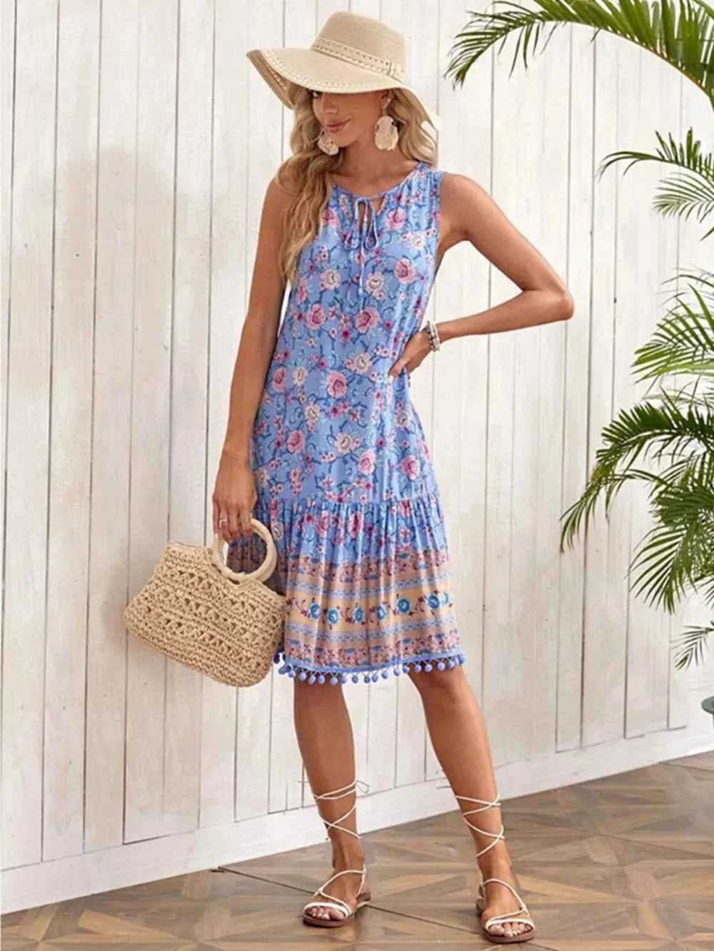 Tie Neck Sleeveless Floral Dress Trendsi