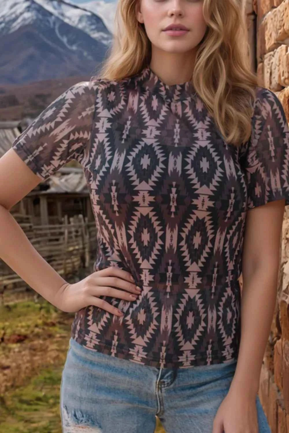 Aztec Print Mock Neck Short Sleeve Mesh T Shirt Trendsi