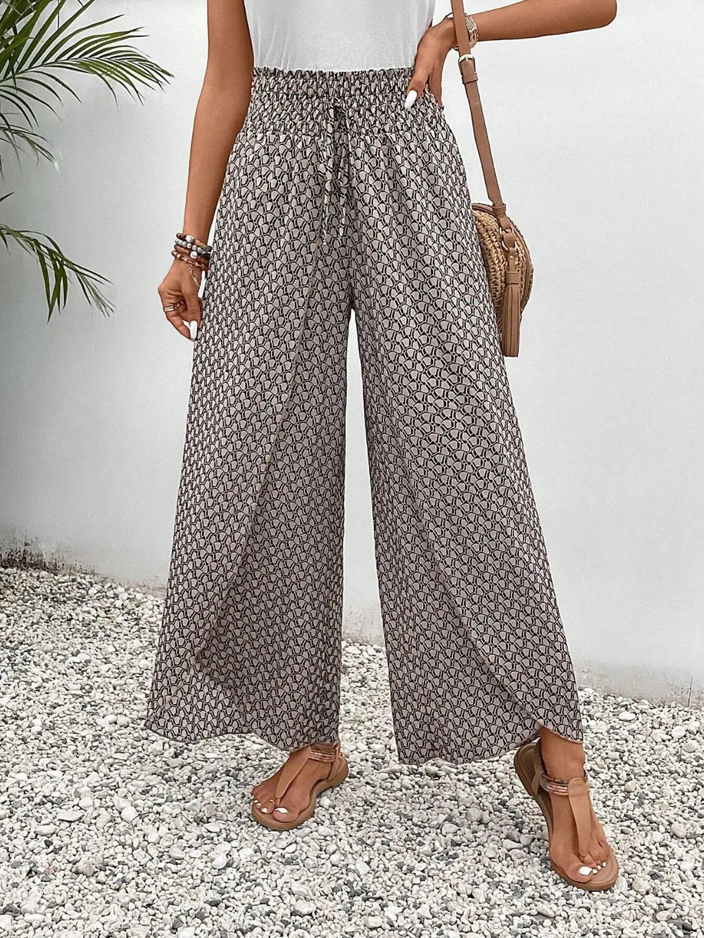 Tied Printed Wide Leg Pants Light Gray Trendsi