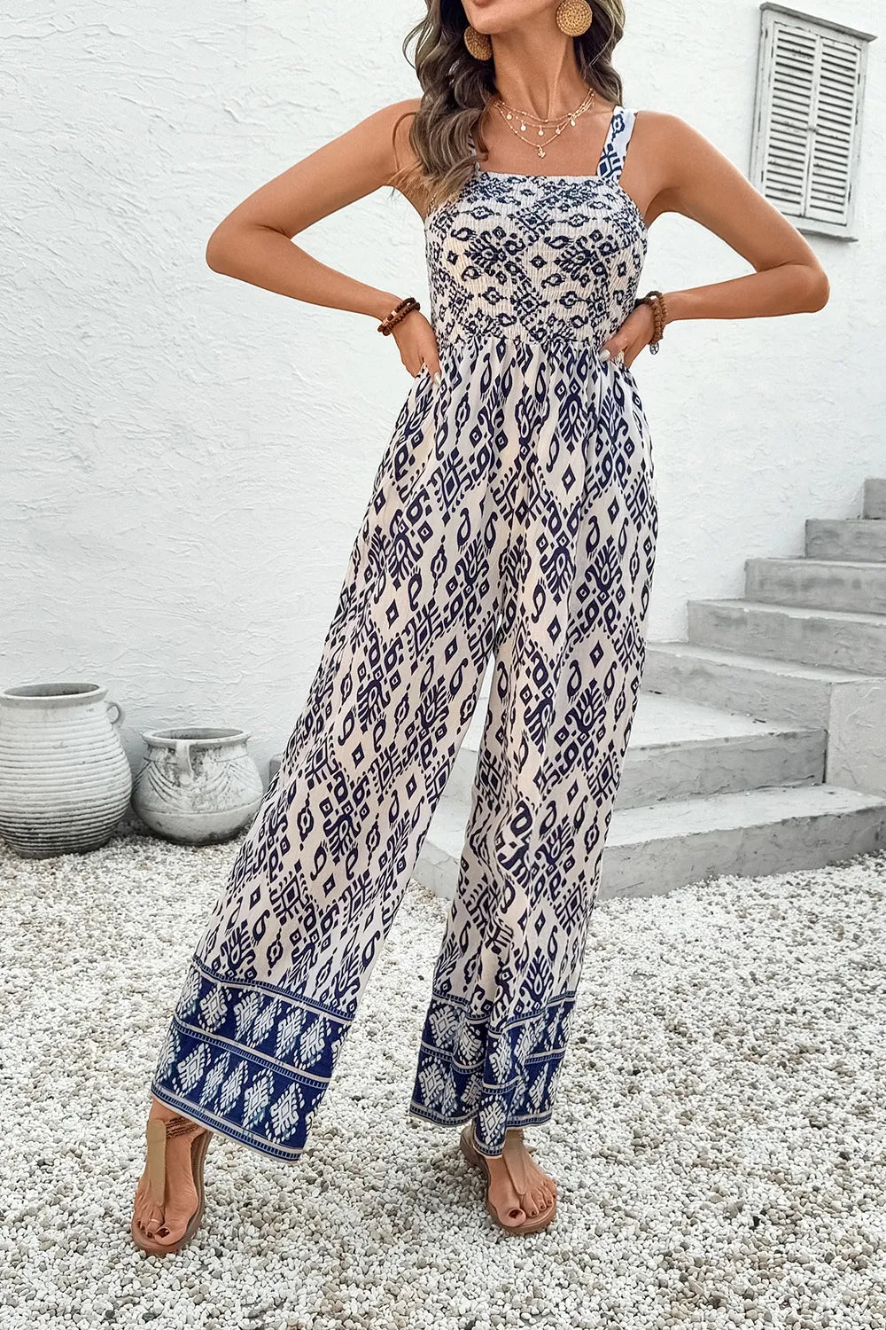 Bohemian Print Wide Leg Jumpsuit Trendsi