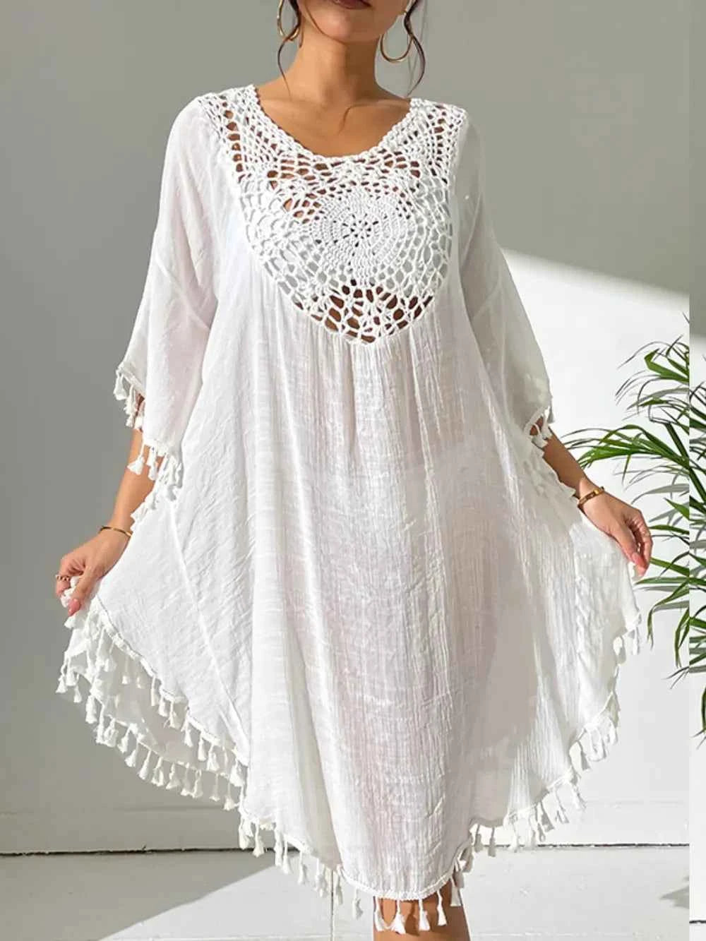 Tassel Cutout Scoop Neck Cover-Up Dress White One Size Trendsi