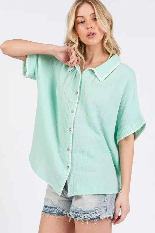 SAGE+FIG Boho Zigzag Trim Gauze Button-Up Shirt Trendsi