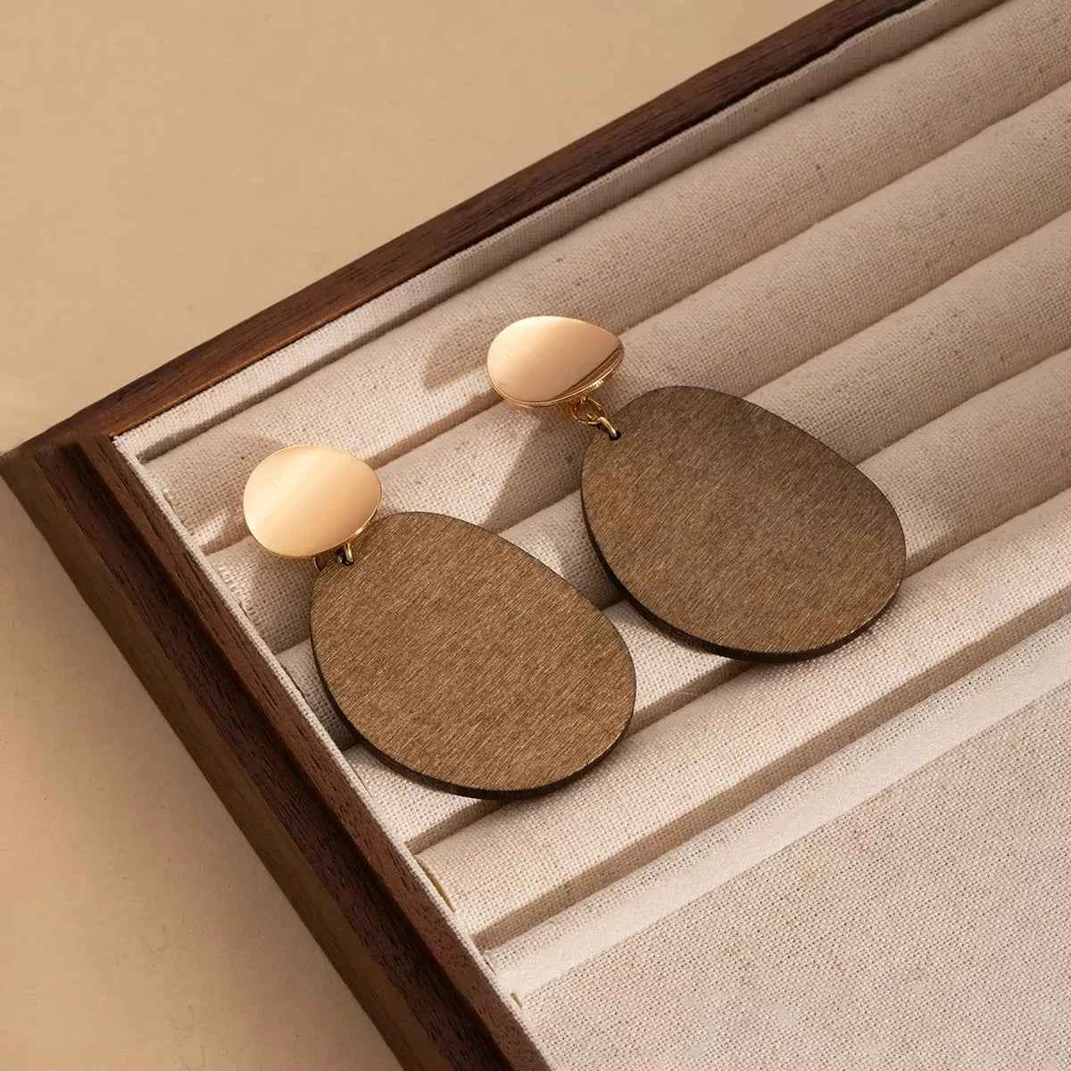 18K Gold-Plated Geometric Wood Drop Earrings Taupe One Size Trendsi