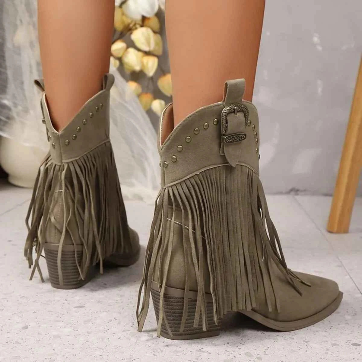 Fringe Point Toe Block Heels Boots Trendsi