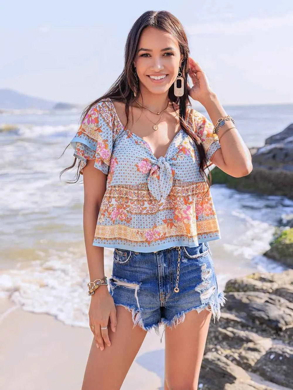 Printed Sweetheart Neck Layered Short Sleeve Blouse Watermelon pink Trendsi