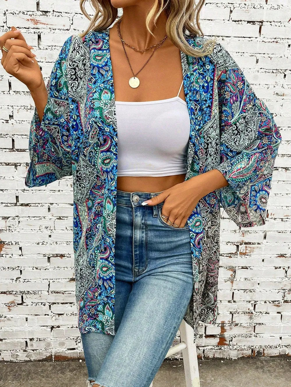 Printed Open Front Three-Quarter Sleeve Cover Up Trendsi