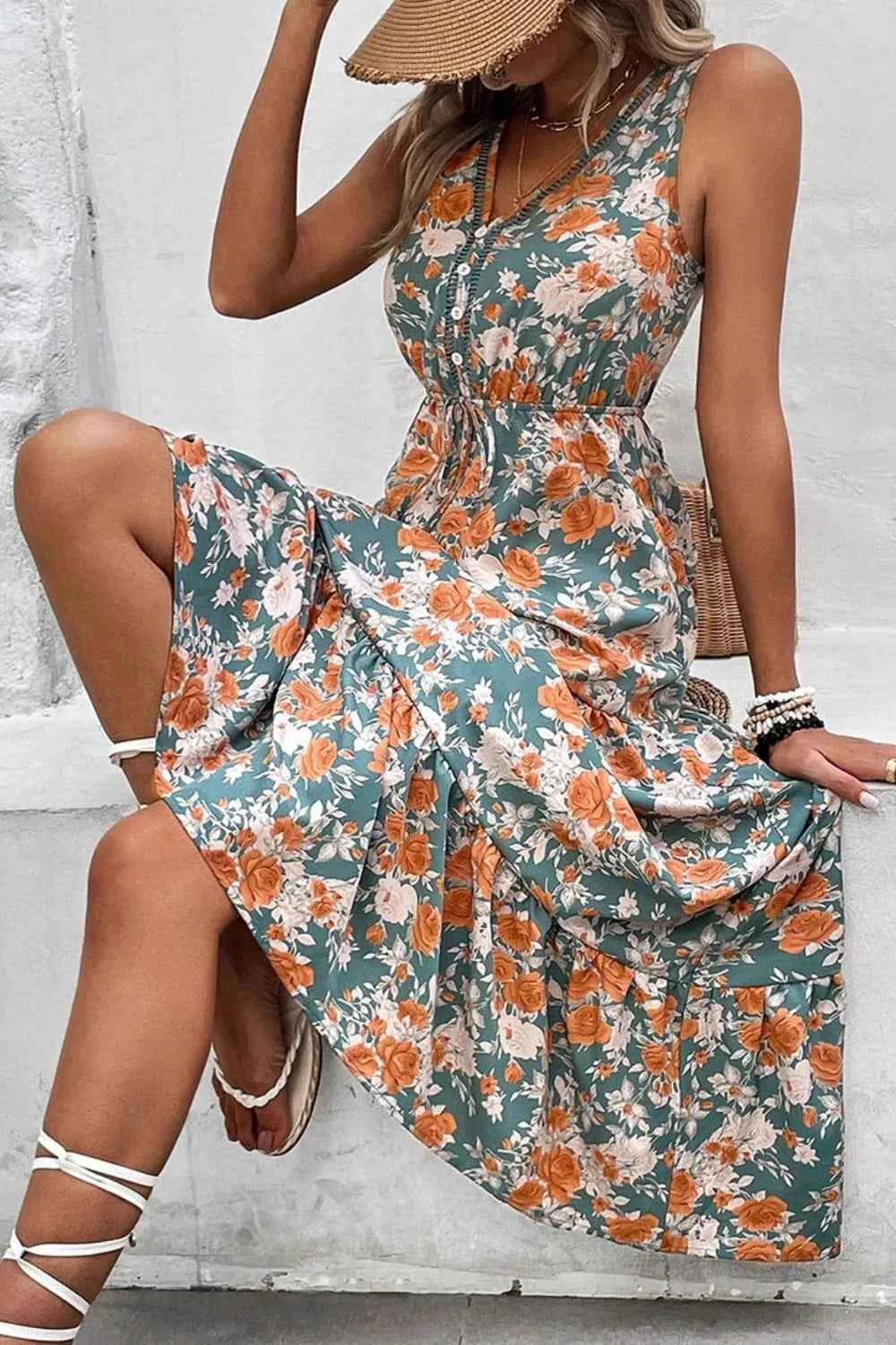 Floral Print Trimmed V Neck Tie Waist Sleeveless Dress Trendsi