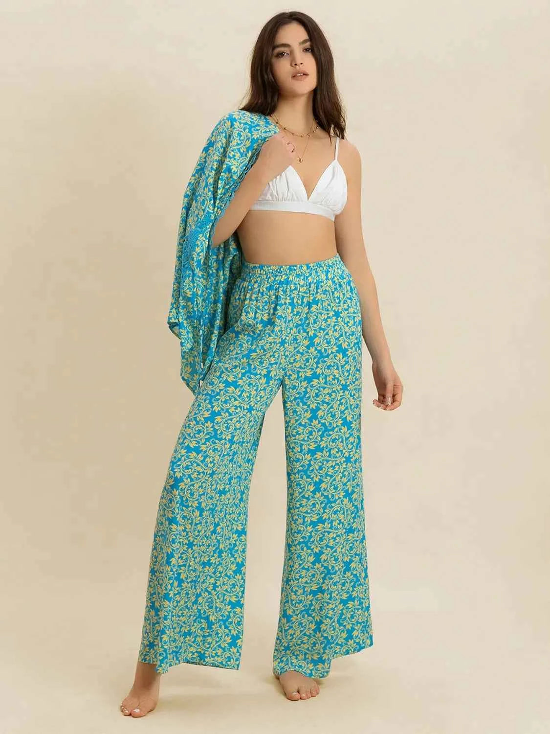 Open Front Printed Top and Pants Set Trendsi
