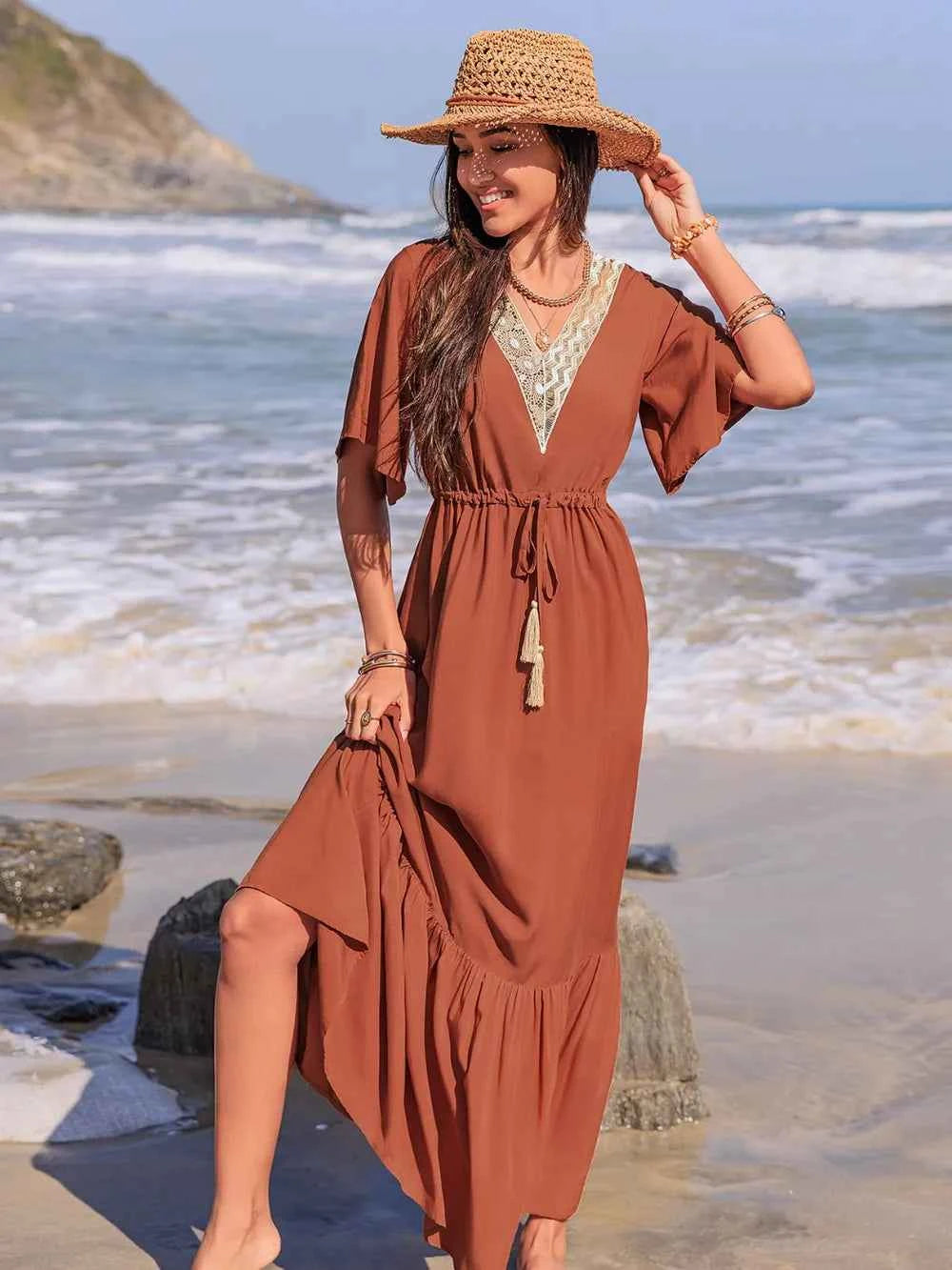 Ruffled Tassel V-Neck Flutter Sleeve Dress Trendsi
