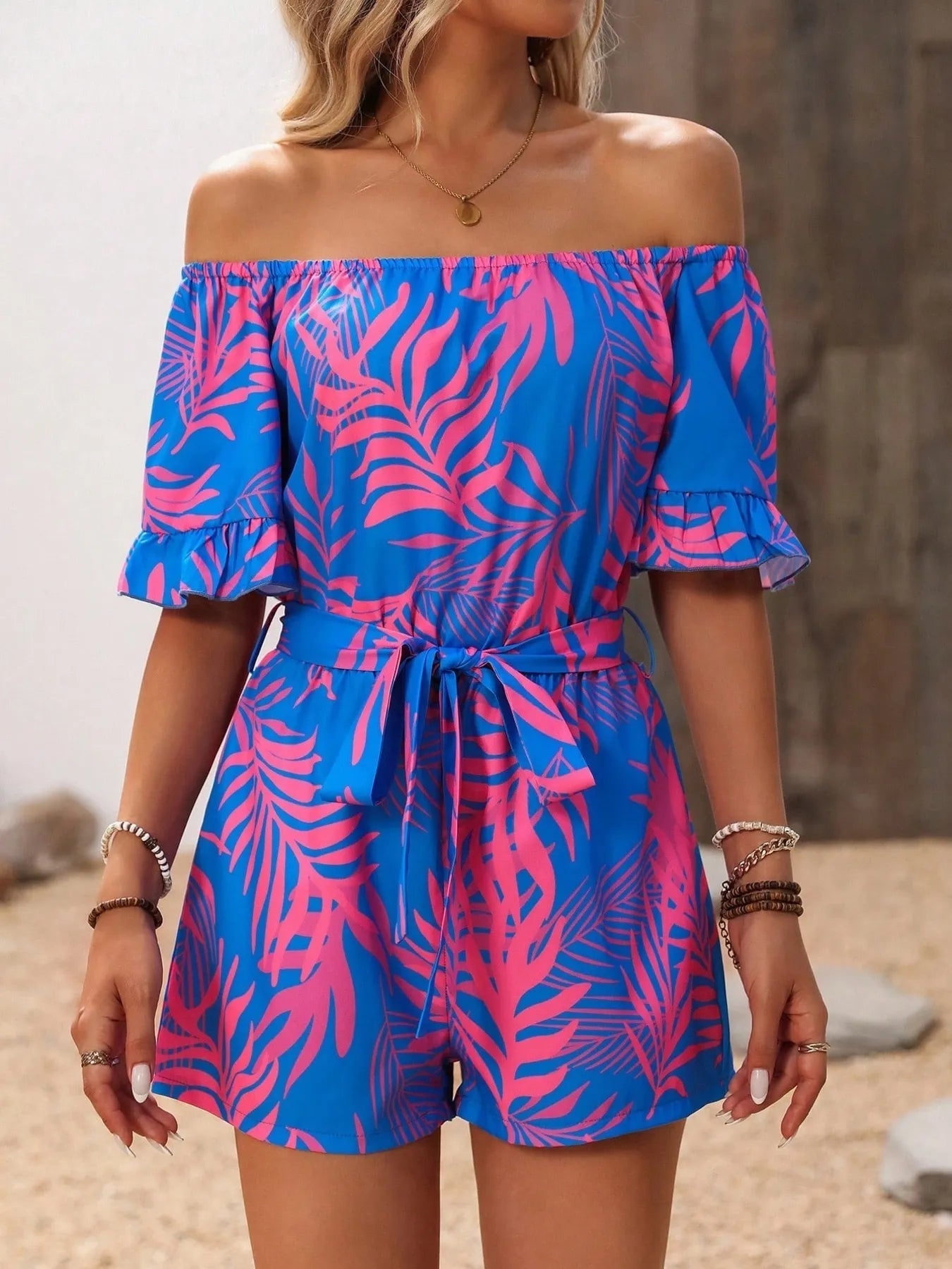 Tropical Print Off-Shoulder Romper Trendsi
