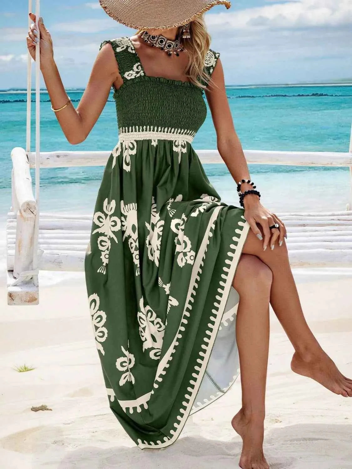 Smocked Printed Wide Strap Maxi Dress Trendsi