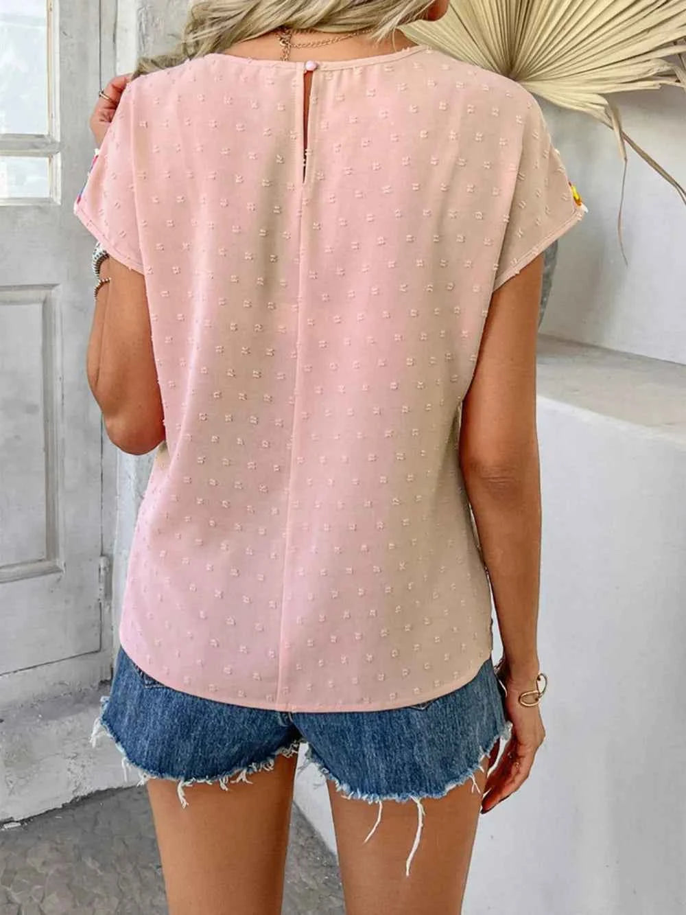 Devine Swiss Dot Round Neck Crochet Short Sleeve Top Trendsi