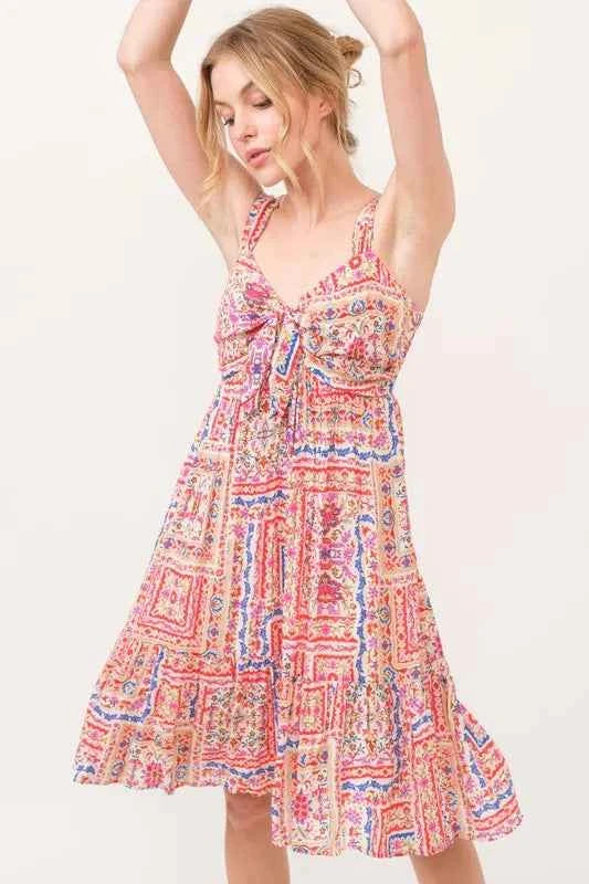 And The Why Tied Front Smocked Back Tiered Boho Printed Dress Trendsi