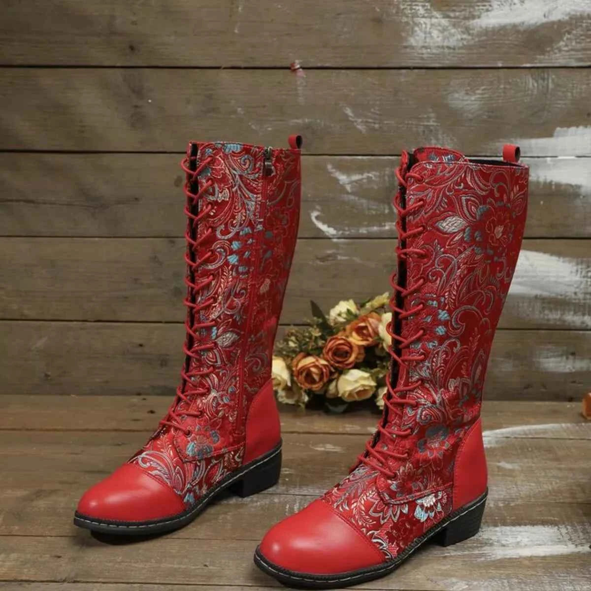 Lace Up Block Heels Boots Red Trendsi