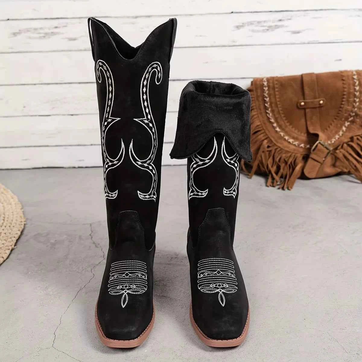 Embroidered Round Toe Block Heels Boots Trendsi