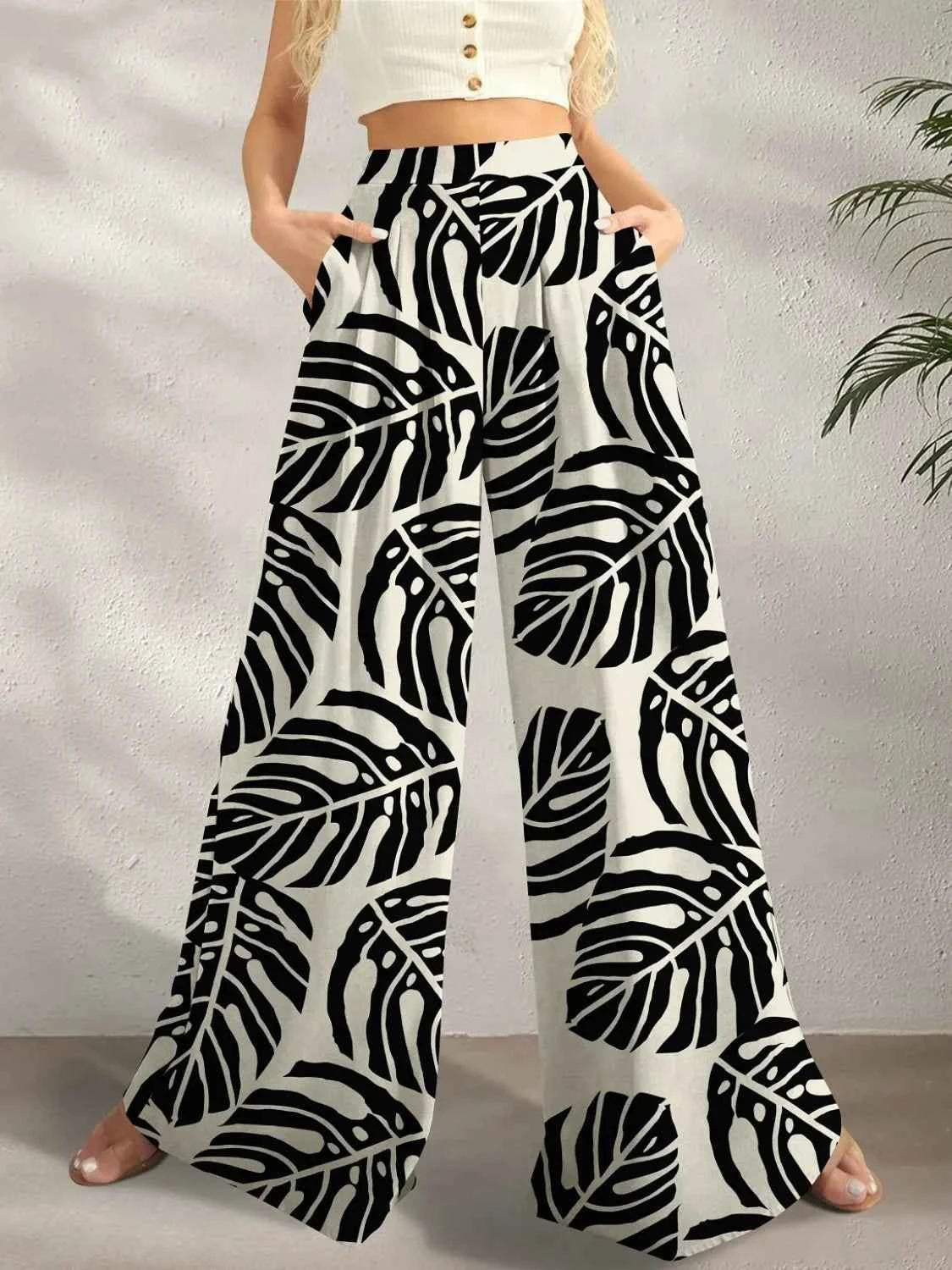 Printed Wide Leg Pants Black Trendsi