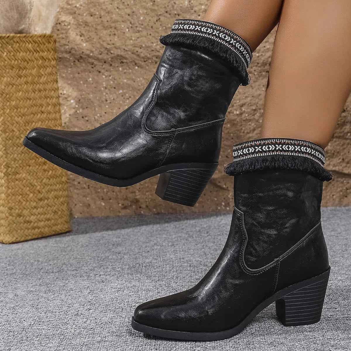Western Embroidered Trim Boots with Block Heel Trendsi