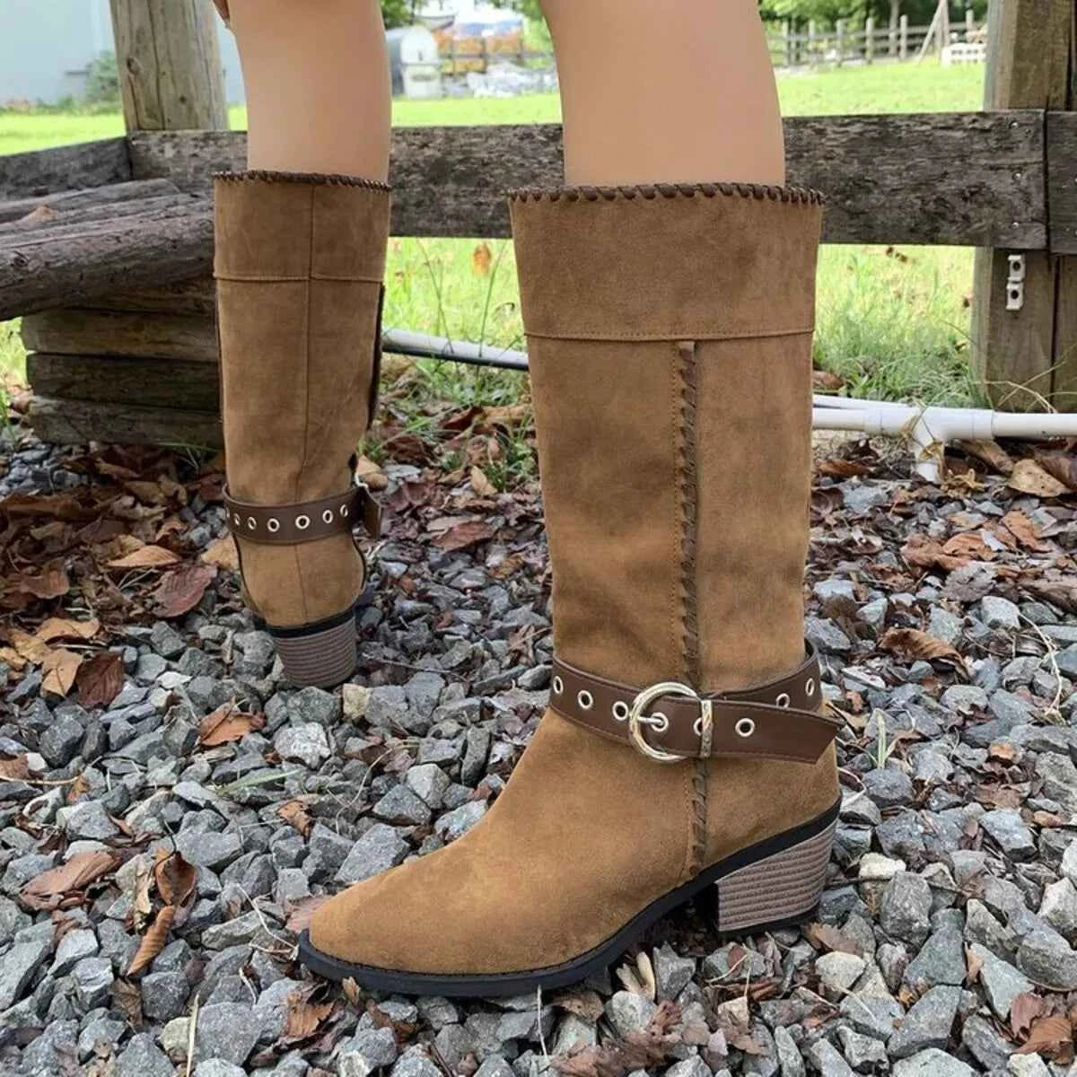 Point Toe Block Heels Boots Camel Trendsi