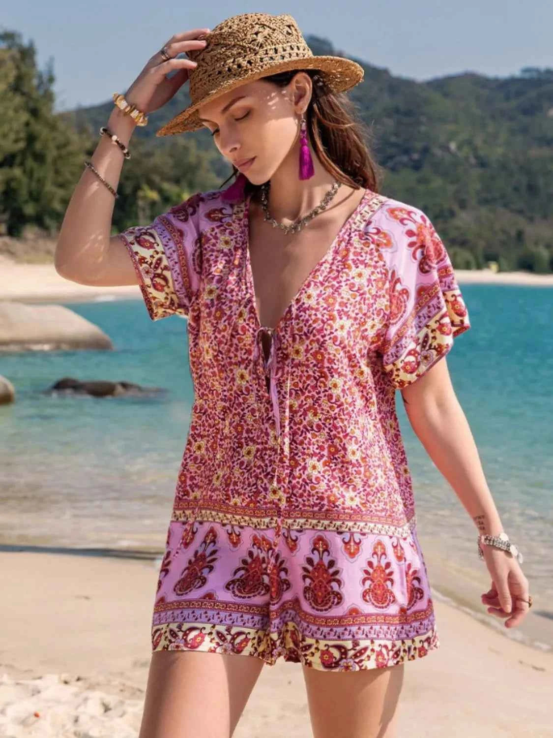 Printed V-Neck Short Sleeve Romper Trendsi