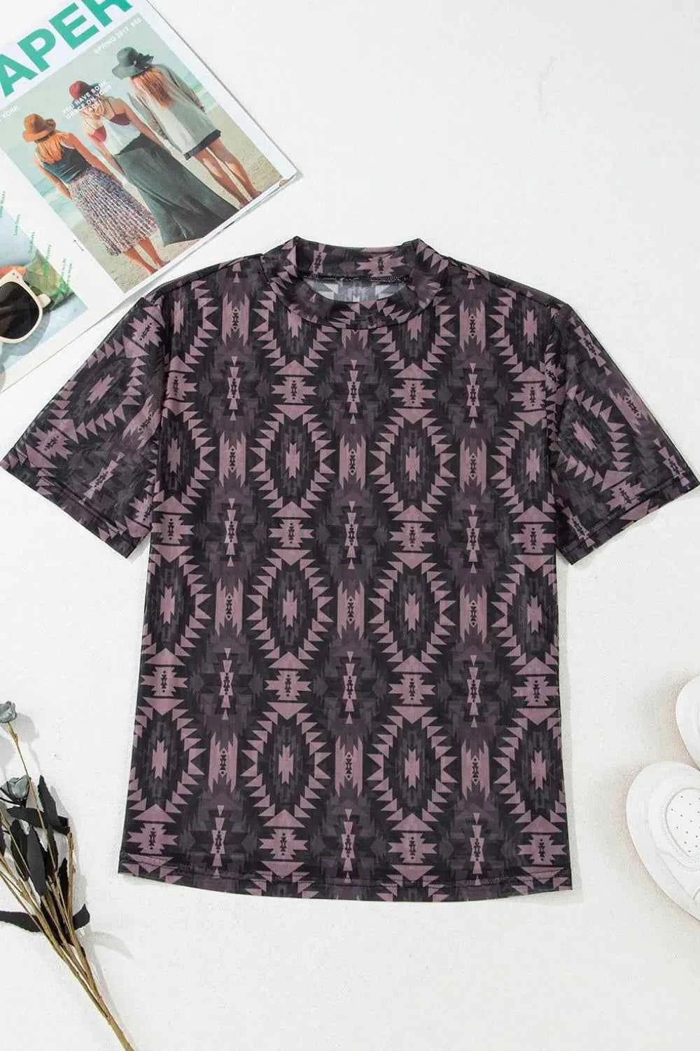 Aztec Print Mock Neck Short Sleeve Mesh T Shirt Trendsi