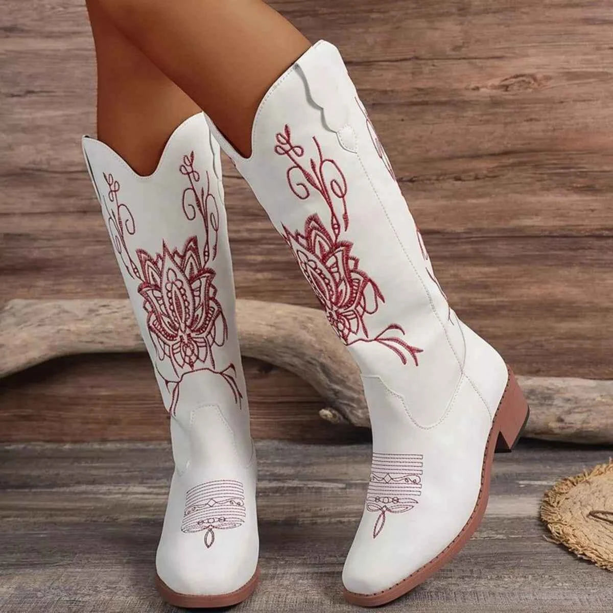 Embroidered Block Heels Boots Trendsi