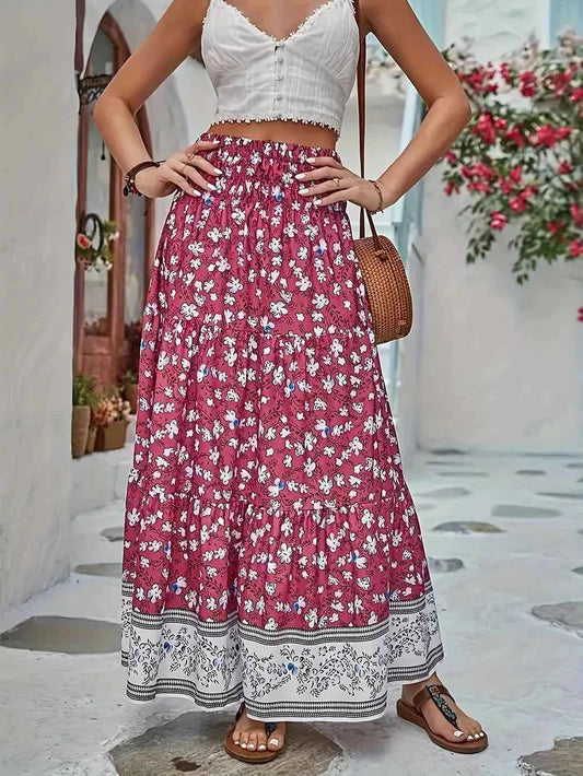 Full Size Tiered Printed Elastic Waist Skirt Cerise Trendsi
