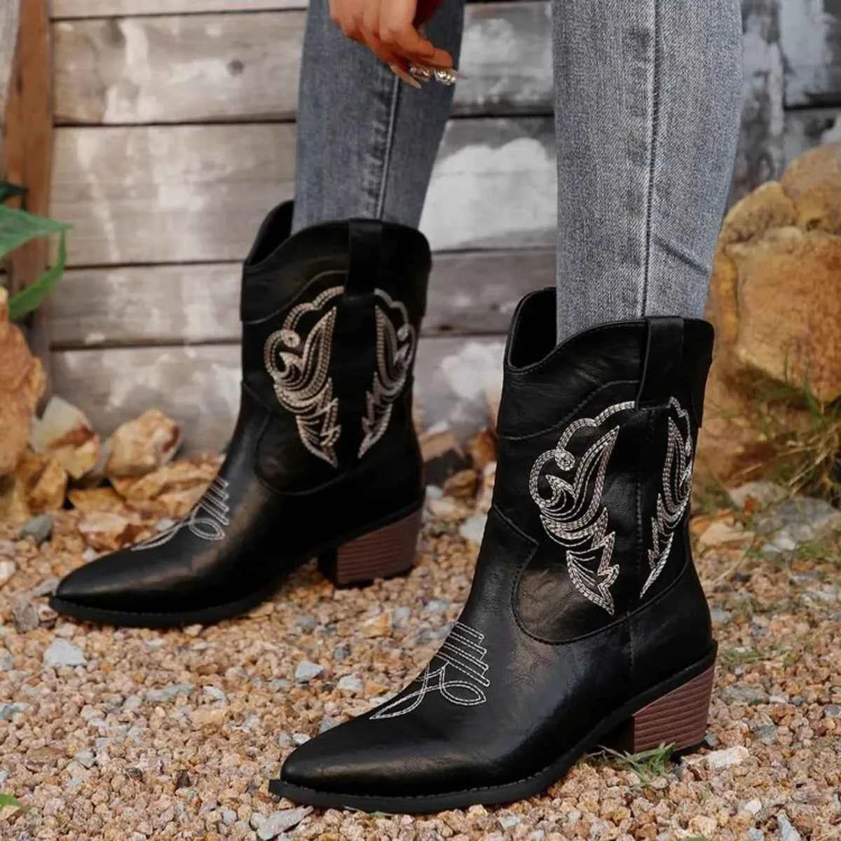 Western Cowboy Boots with Embroidered Design Black Trendsi