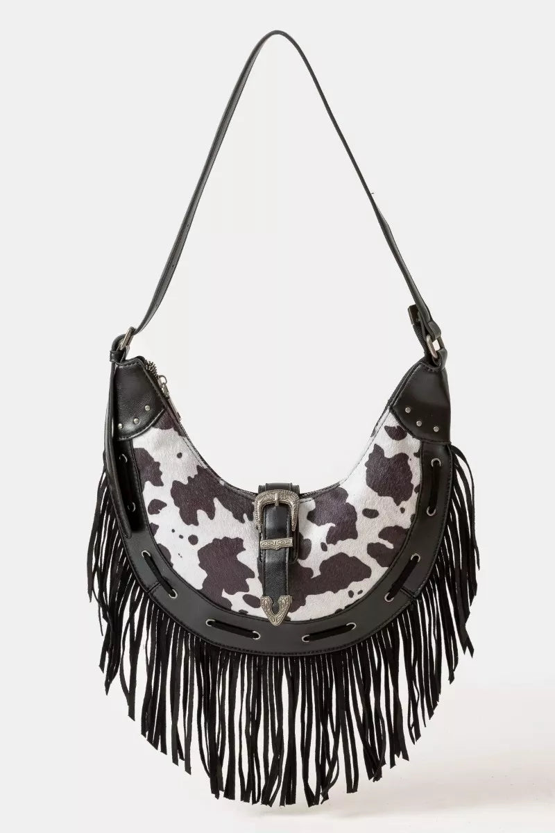 Fame Cow Print Faux Leather Fringe Hobo Bag BW one size Trendsi