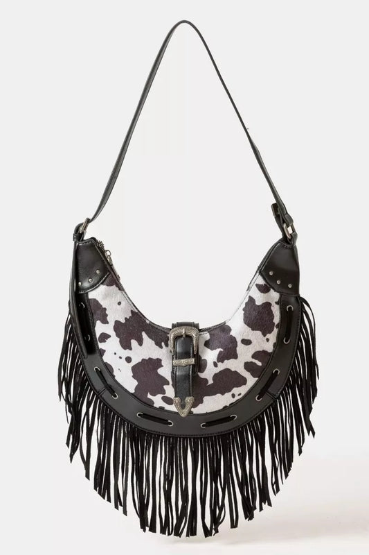 Fame Cow Print Faux Leather Fringe Hobo Bag BW one size Trendsi