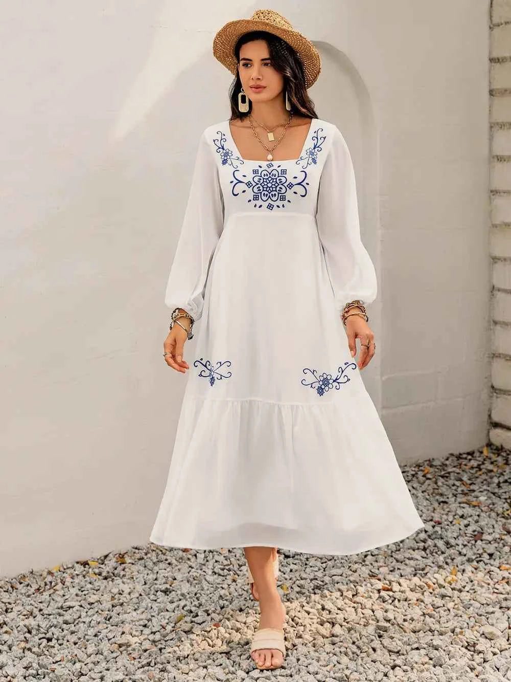 Printed Square Neck Balloon Sleeve Dress Trendsi