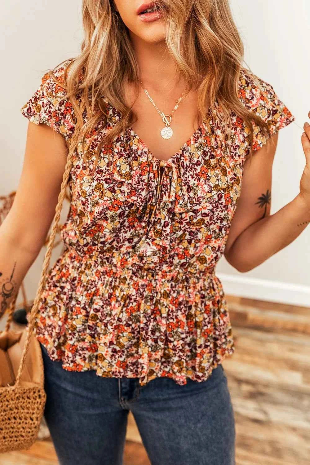 Floral Print Knot V Neck Ruffled Sleeve Blouse Trendsi