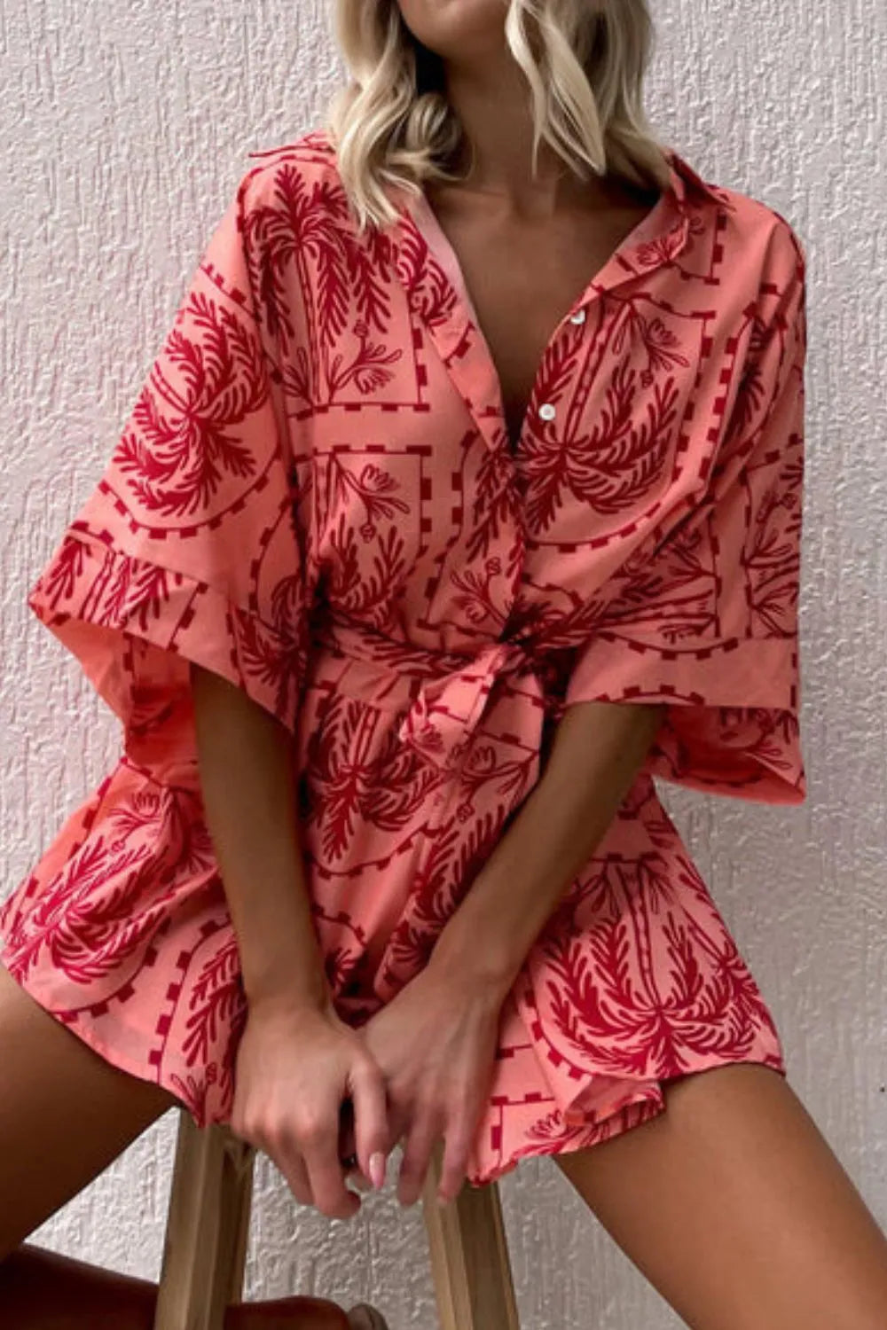 Printed Tie Waist Romper Trendsi