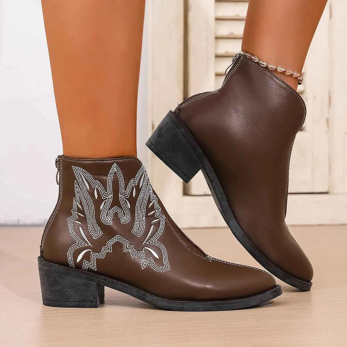 Western Embroidered Ankle Boots Trendsi