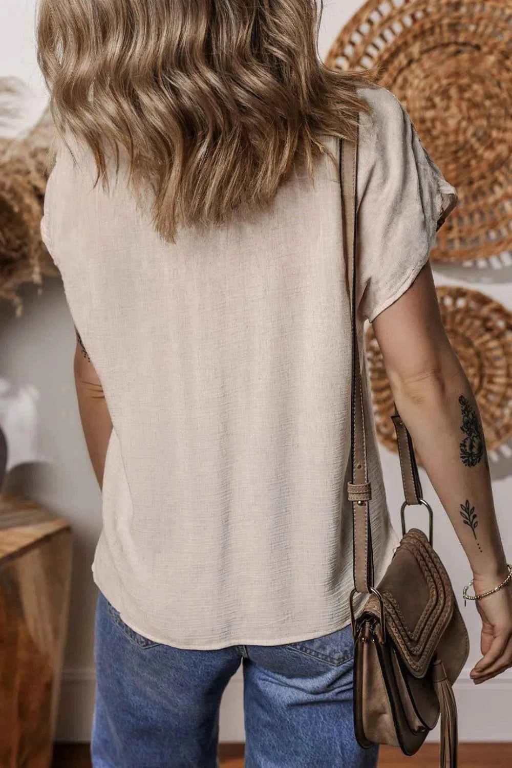 Geometric Embroidered Short Sleeve Tassel Tie Neck Blouse Trendsi