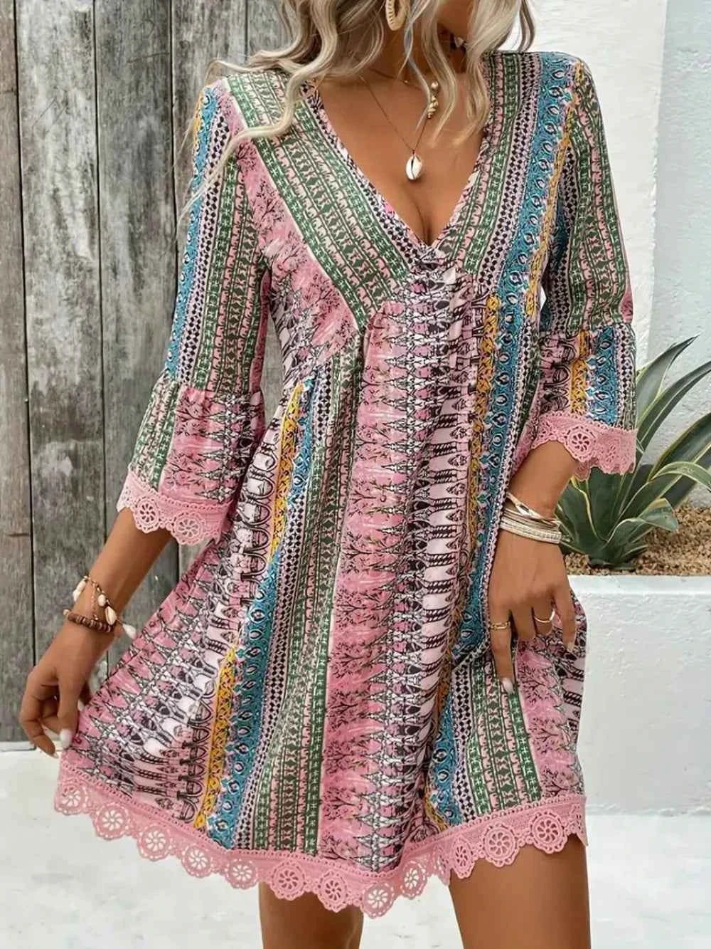 Lace Trim Printed V-Neck 3/4 Sleeve Dress Trendsi