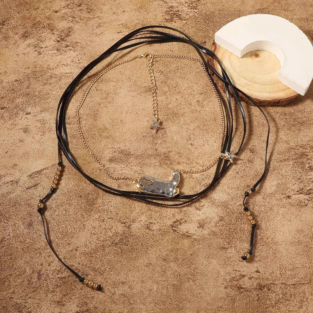 2 Piece Layered Leather Cord Boot Pendant Necklace Trendsi