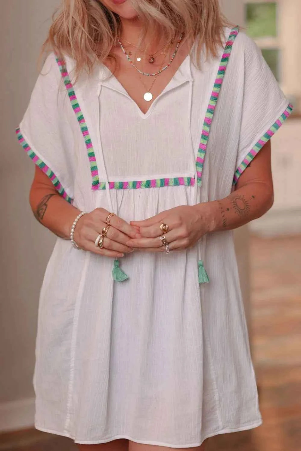 Tassel Tie Neck Short Sleeve Blouse Trendsi