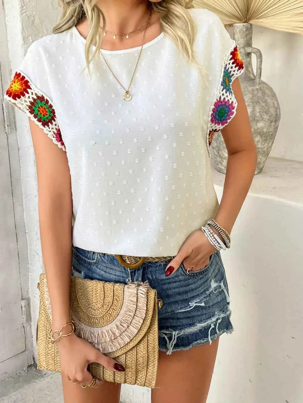 Devine Swiss Dot Round Neck Crochet Short Sleeve Top Trendsi