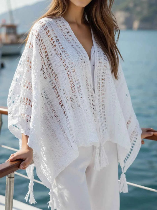 Openwork Tassel Open Front Knit Cover Up White One-size Trendsi