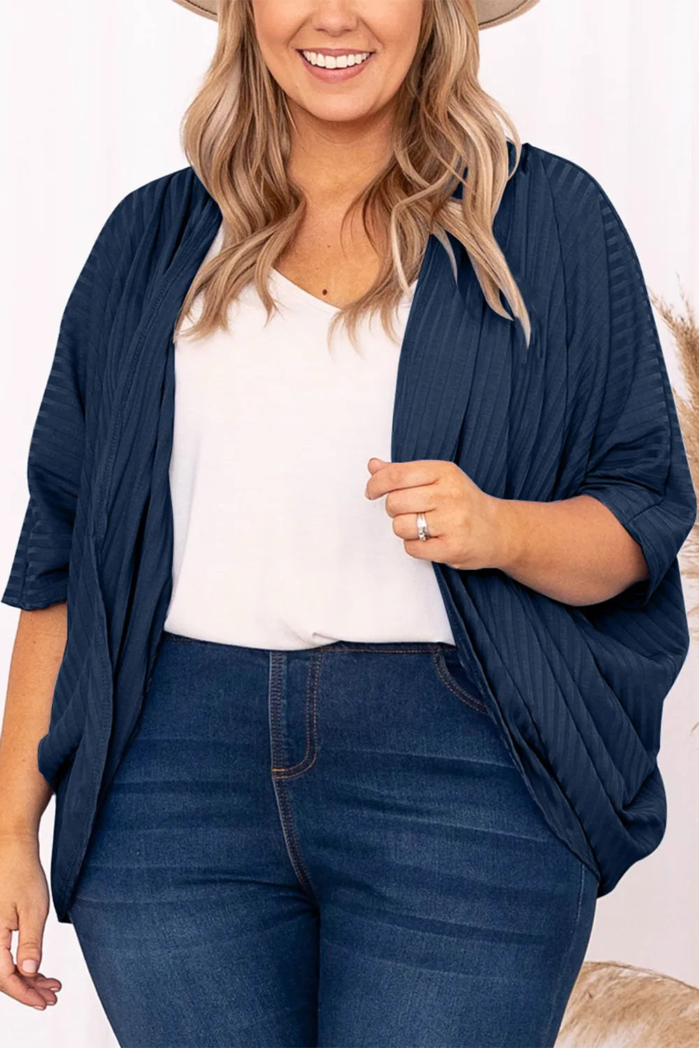 Plus Size Ribbed Cocoon Cover Up Dark Blue Trendsi