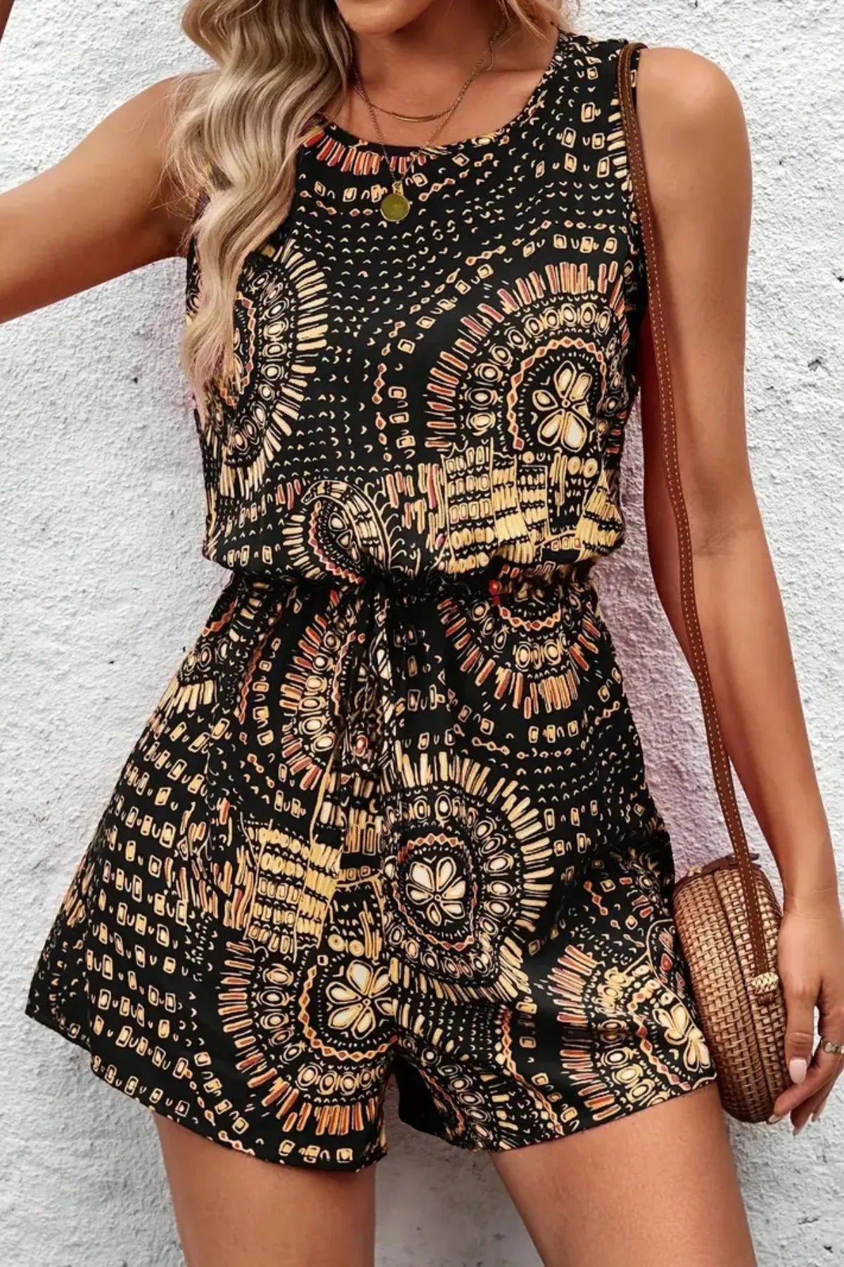Boho Floral Print Sleeveless Summer Romper Black Trendsi