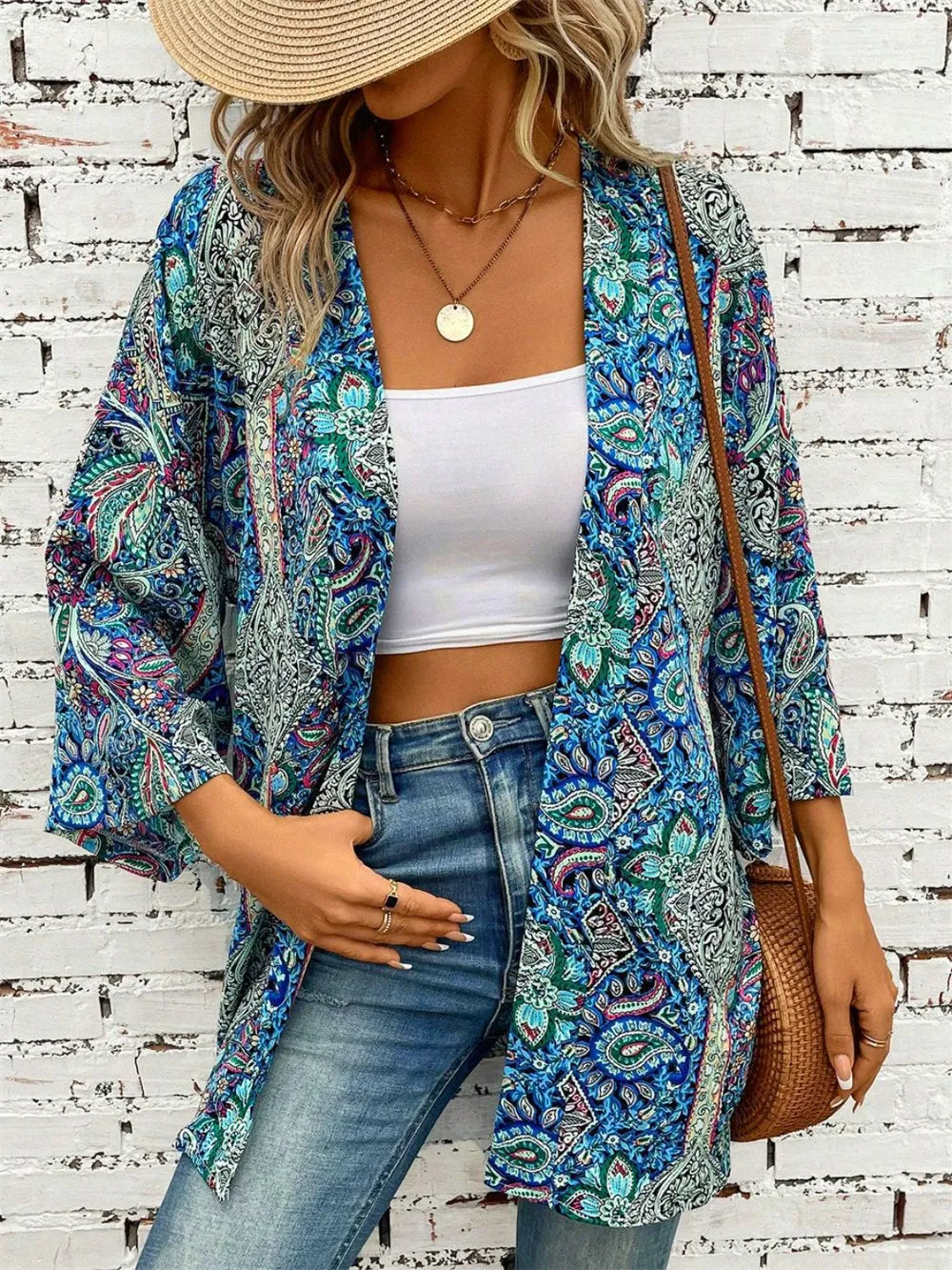 Printed Open Front Three-Quarter Sleeve Cover Up Trendsi