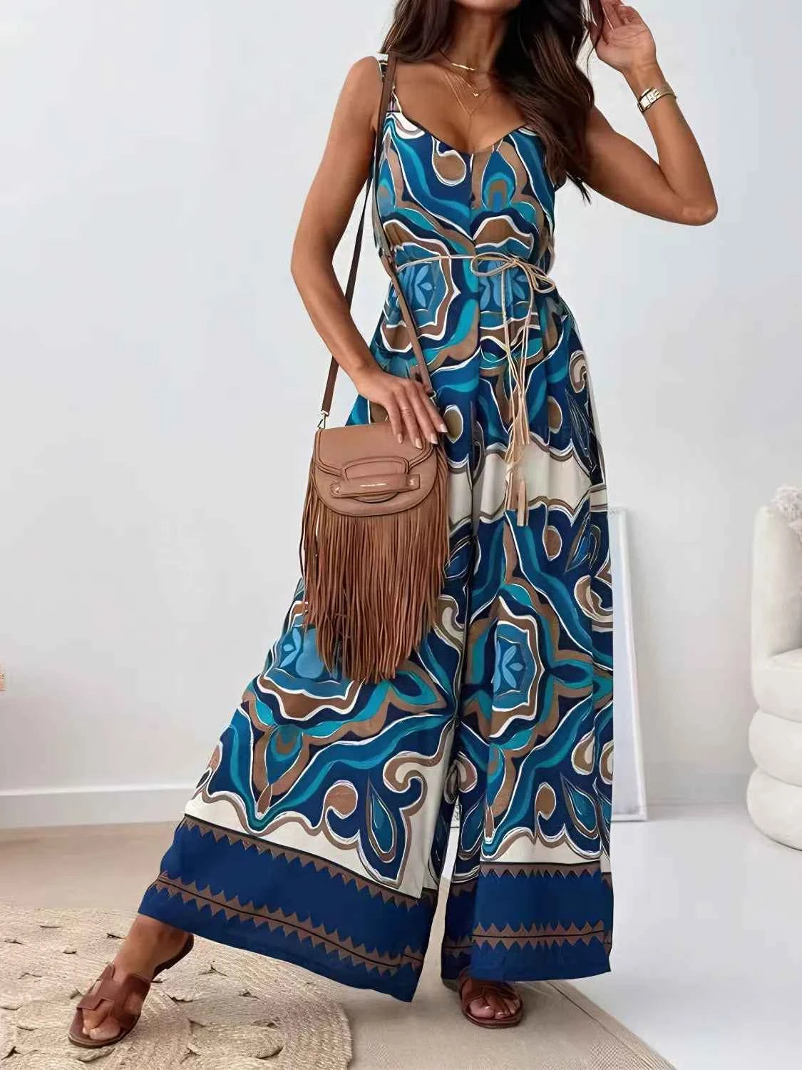 Printed V-Neck Wide Leg Jumpsuit Trendsi