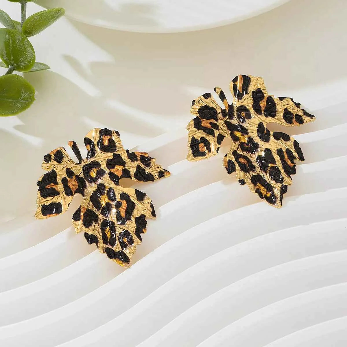Alloy Leopard Print Leaf Earrings Trendsi